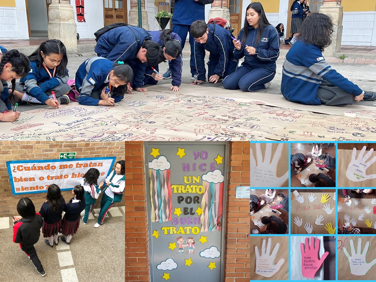 Niños, niñas y jóvenes construyen murales por el Buen Trato en las distintas instituciones educativas.
