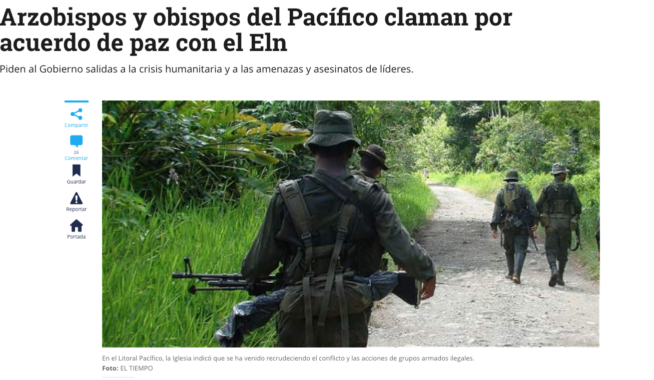 Arzobispos y obispos del Pacífico claman por acuerdo de paz con el Eln